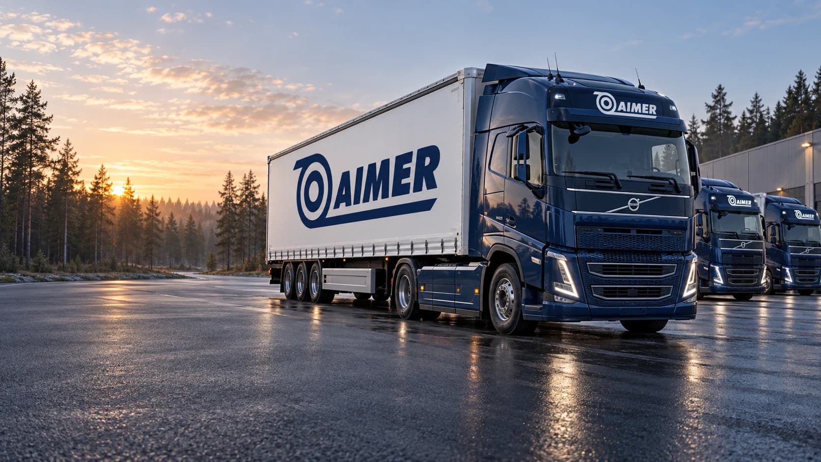 Illustrative AIMER-branded road freight trucks with navy cabs and white trailers at sunrise